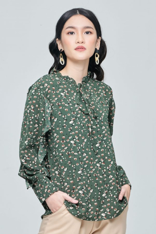 Dark Green Spring Ruffle Sleeve Top