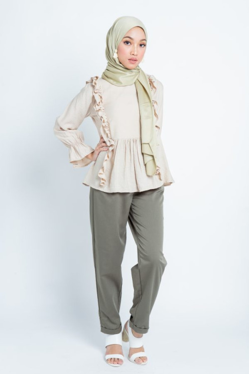 Beige Gathered Top With Ruffle