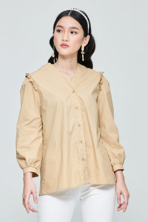 Beige Ruffle Puff Sleeve Top