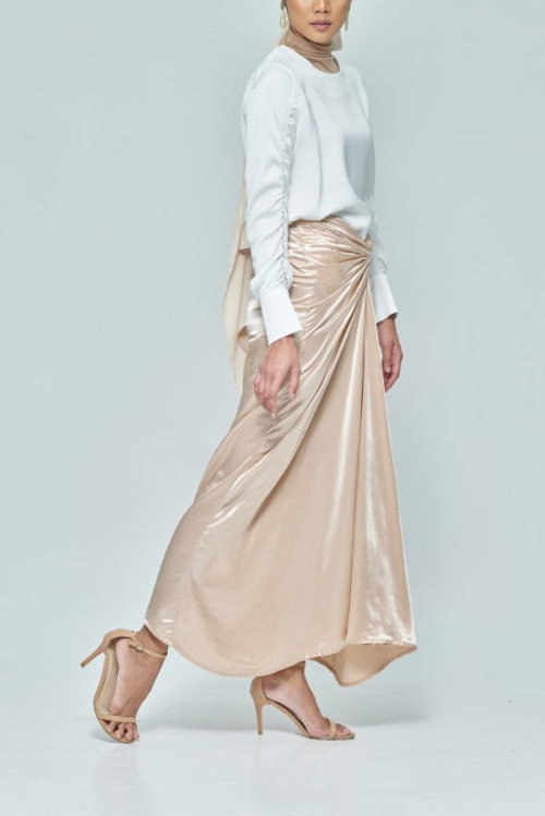 Beige Front Wrap Satin Skirt