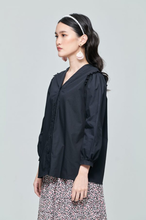 Black Ruffle Puff Sleeve Top