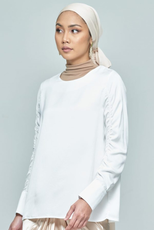 White Elastic Satin Sleeve Top