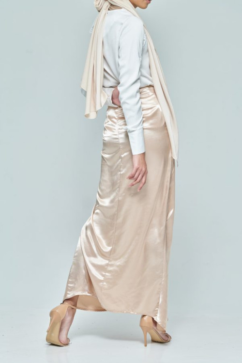 Beige Front Wrap Satin Skirt