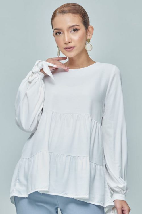 White Tiered With Tie Sleeve Top