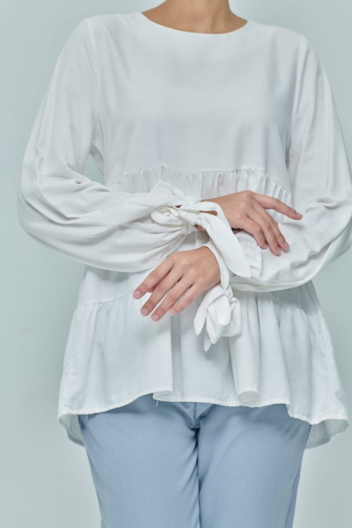 White Tiered With Tie Sleeve Top