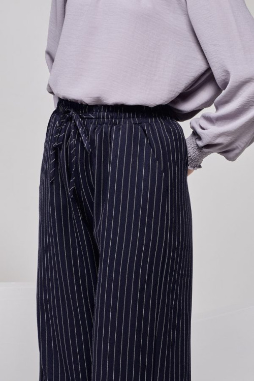 Navy Blue Striped Wide Leg Pants