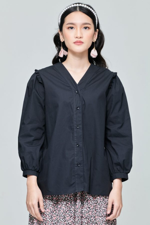 Black Ruffle Puff Sleeve Top