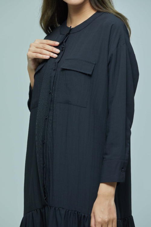 Black Rosy Cotton Linen Long Tiered Dress