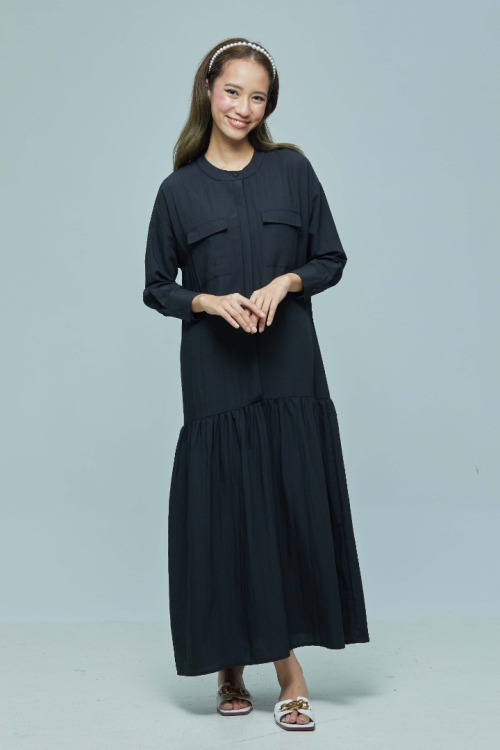Black Rosy Cotton Linen Long Tiered Dress
