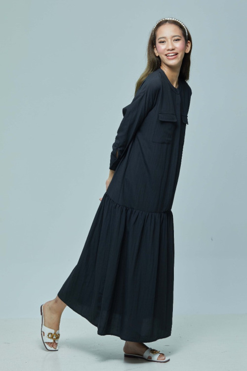 Black Rosy Cotton Linen Long Tiered Dress