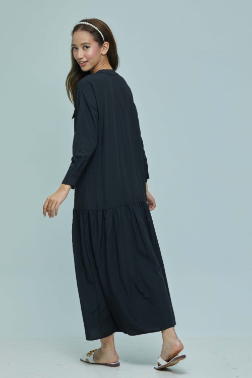 Black Rosy Cotton Linen Long Tiered Dress