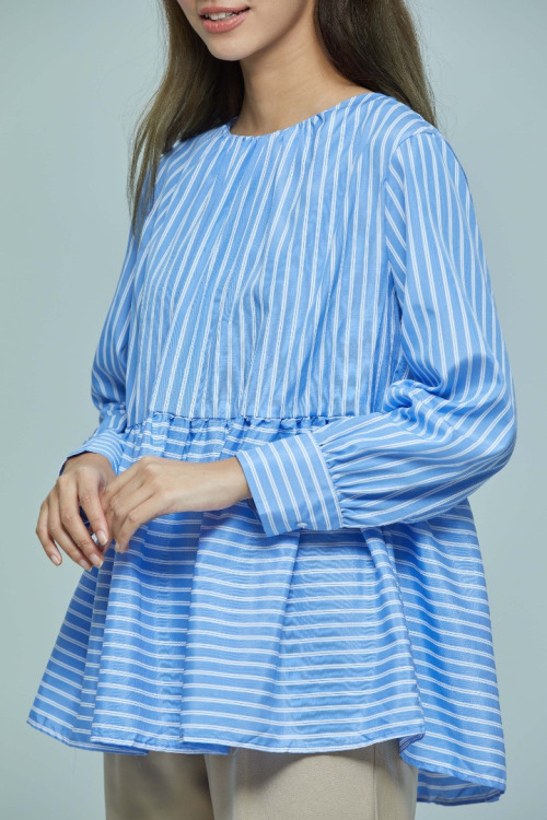 Light Blue Bailey Stripe Cotton Peplum Blouse