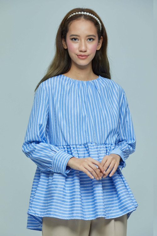 Light Blue Bailey Stripe Cotton Peplum Blouse