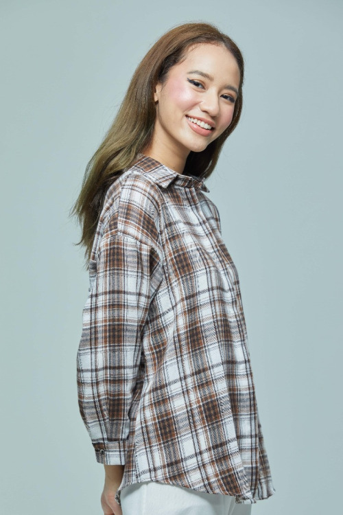 Brown Phoebe Checkered Basic Collar Shirt