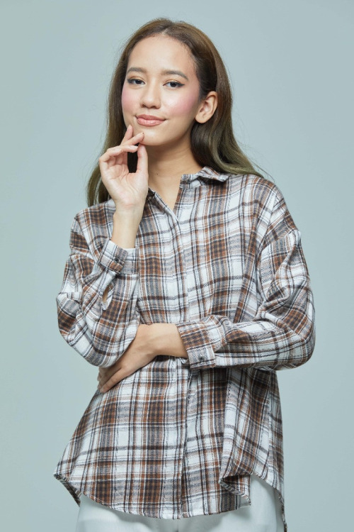 Brown Phoebe Checkered Basic Collar Shirt