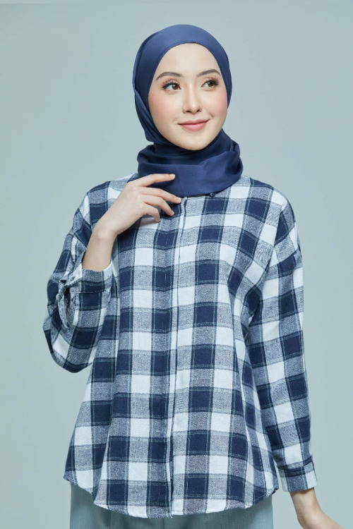 Dark Blue Phoebe Checkered Basic Collar Shirt