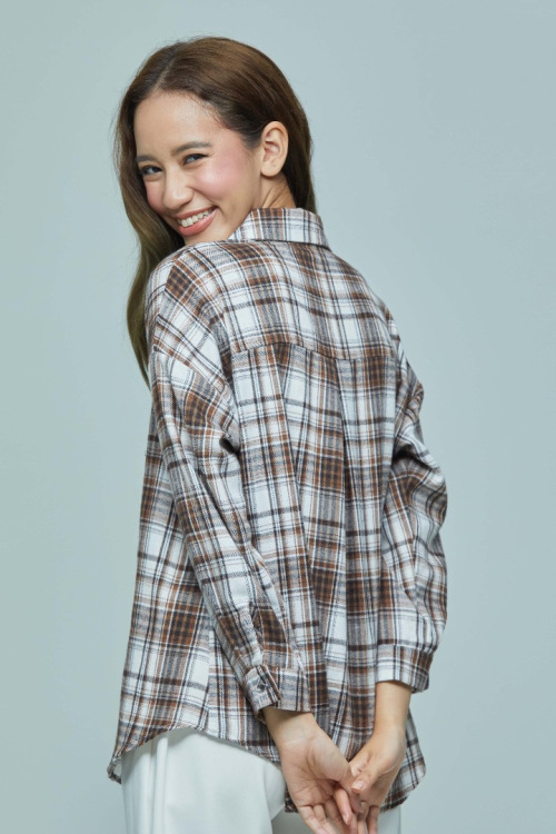 Brown Phoebe Checkered Basic Collar Shirt