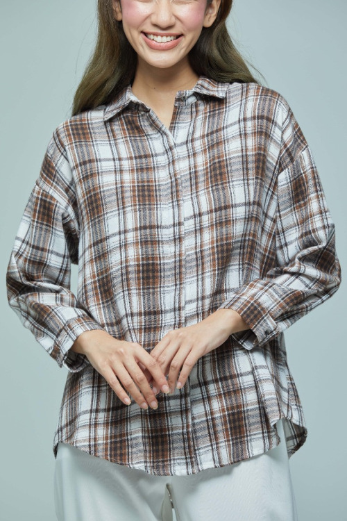 Brown Phoebe Checkered Basic Collar Shirt
