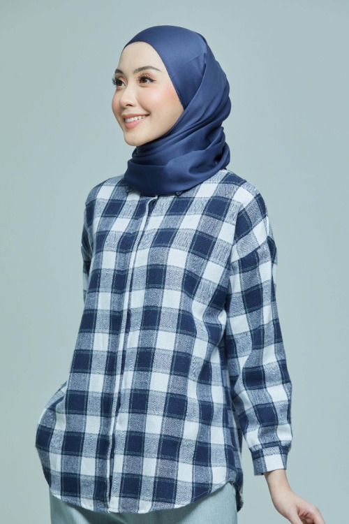 Dark Blue Phoebe Checkered Basic Collar Shirt