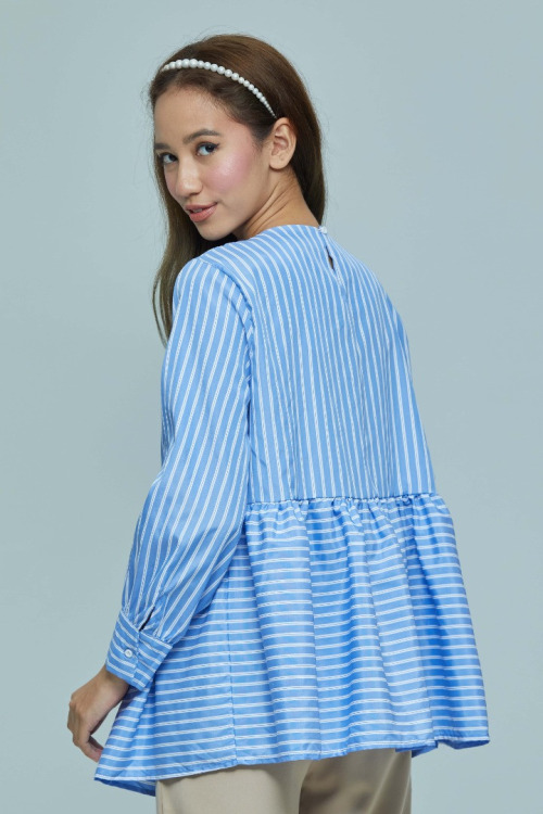 Light Blue Bailey Stripe Cotton Peplum Blouse