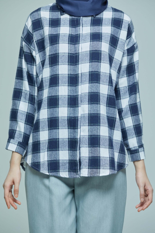 Dark Blue Phoebe Checkered Basic Collar Shirt