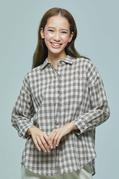 Light Beige Phoebe Small Checkered Basic Collar Shirt