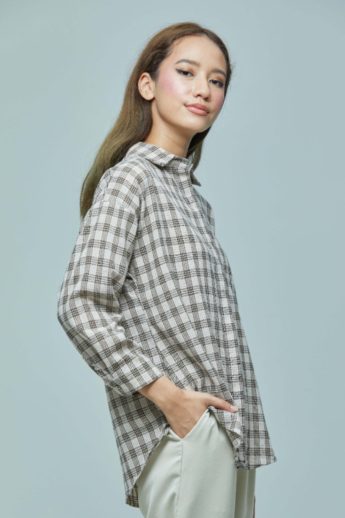 Light Beige Phoebe Small Checkered Basic Collar Shirt