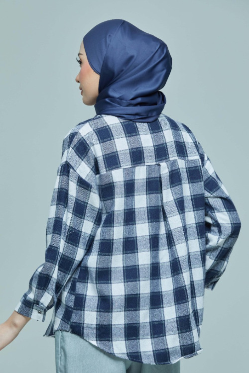 Dark Blue Phoebe Checkered Basic Collar Shirt
