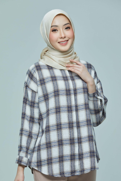 Brownish Blue Phoebe Checkered Basic Collar Shirt