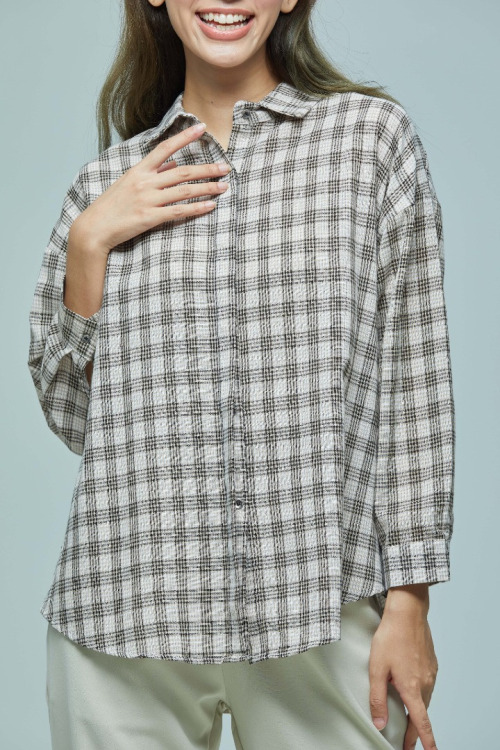 Light Beige Phoebe Small Checkered Basic Collar Shirt