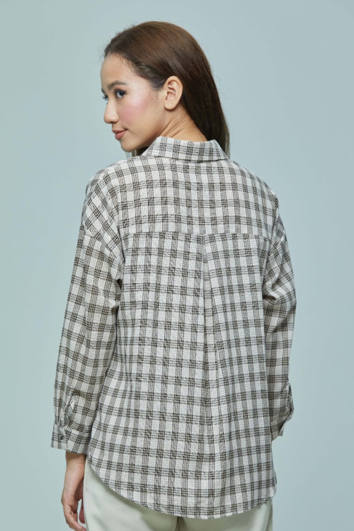 Light Beige Phoebe Small Checkered Basic Collar Shirt