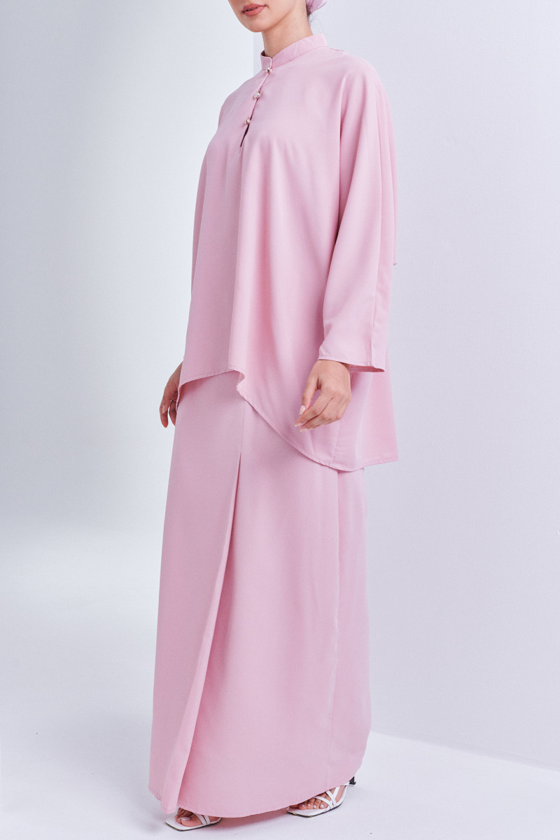 Pink Sarah Vintage Button Chiffon Kurung Set
