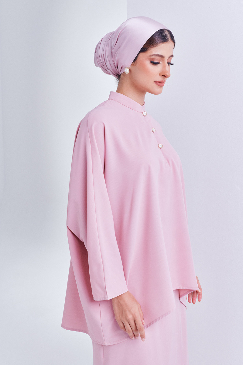 Pink Sarah Vintage Button Chiffon Kurung Set