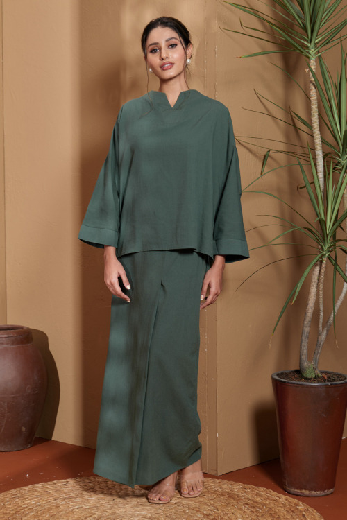 Dusty Green Malika Cotton Linen Kurung Set