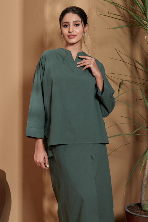 Dusty Green Malika Cotton Linen Kurung Set