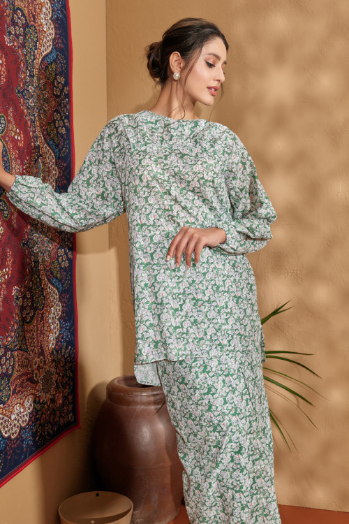 Green Nawra Embroidery Printed Modern Kurung Set