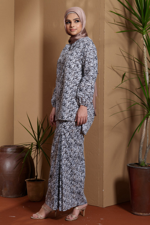 Grey Nawra Embroidery Printed Modern Kurung Set