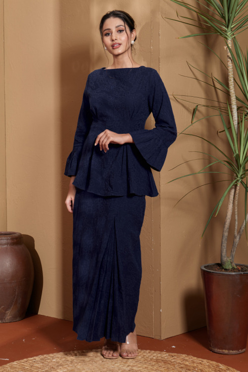 Navy Blue Nahla Textured Peplum Mini Kurung