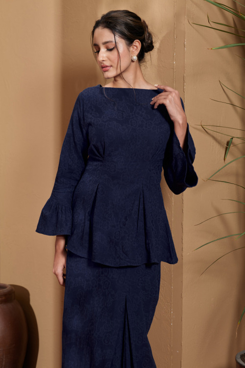 Navy Blue Nahla Textured Peplum Mini Kurung