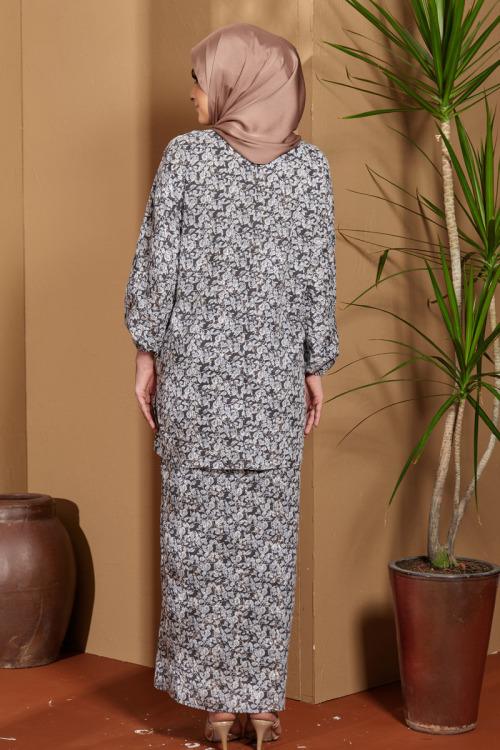 Grey Nawra Embroidery Printed Modern Kurung Set