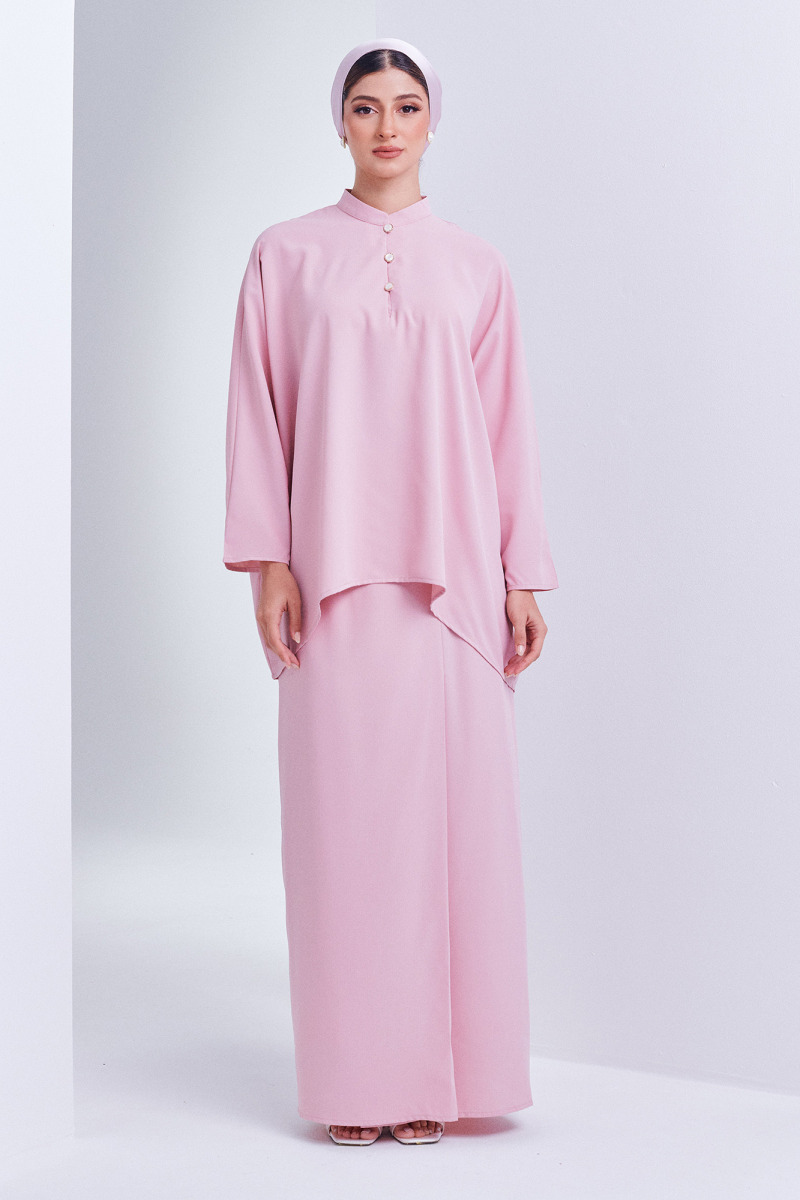 Pink Sarah Vintage Button Chiffon Kurung Set