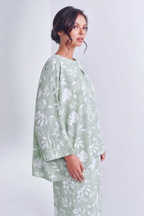 Sage Green Daniah Tropical Printed Kurung Set