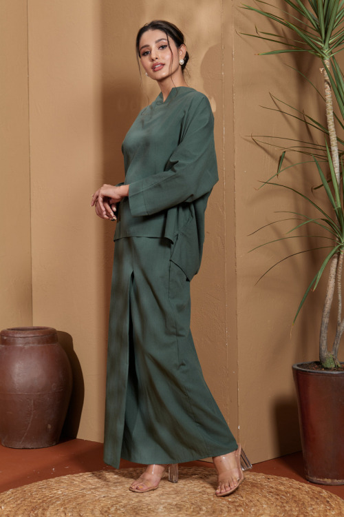 Dusty Green Malika Cotton Linen Kurung Set