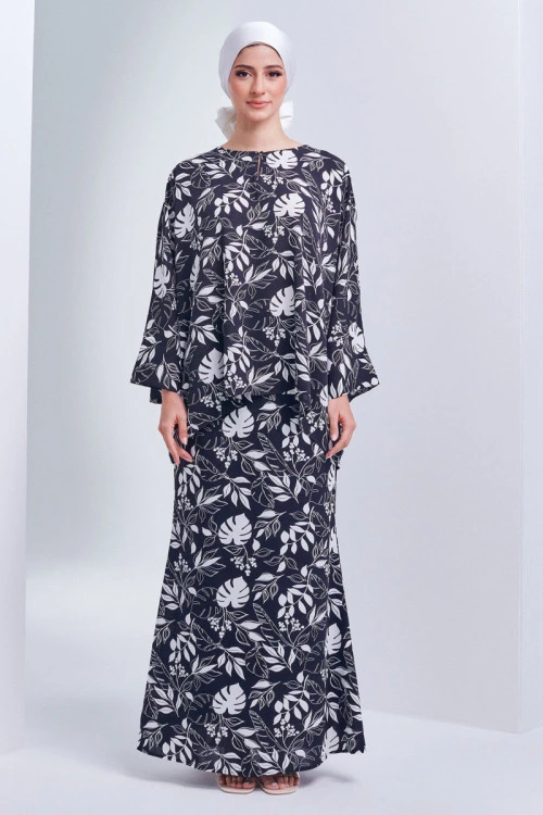 Black Daniah Tropical Printed Kurung Set