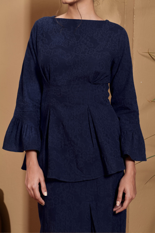 Navy Blue Nahla Textured Peplum Mini Kurung