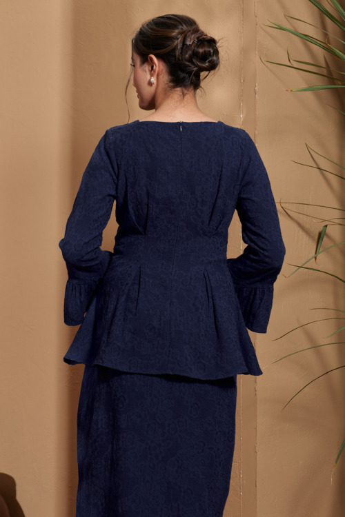 Navy Blue Nahla Textured Peplum Mini Kurung