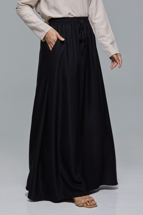 Black Minaz Elastic Tie Maxi Satin Skirt