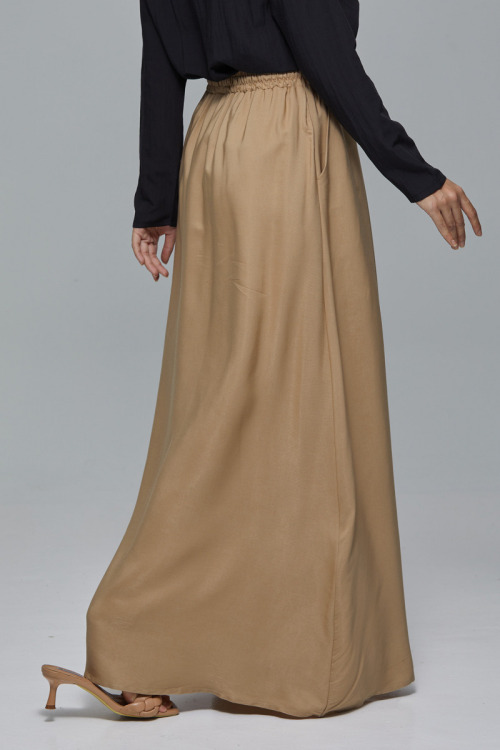 Brown Minaz Elastic Tie Maxi Satin Skirt