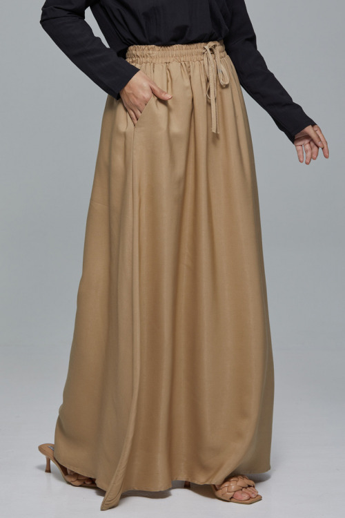 Brown Minaz Elastic Tie Maxi Satin Skirt