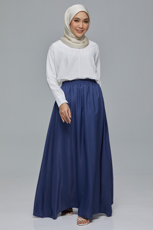 Navy Blue Elastic Maxi Satin Skirt